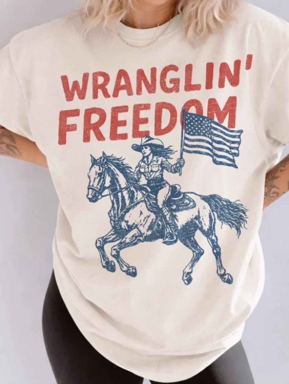 Wranglin' Freedom Oversized Graphic Tee - White Red Blue Print Womens Medium